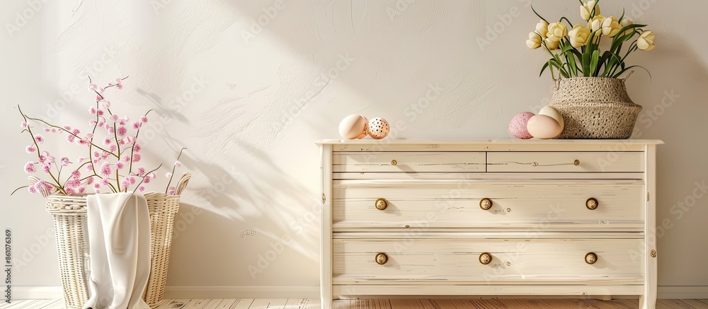 Poster chest of drawers with basket of easter eggs, flowers and decor near light wall in room. with copy sp
