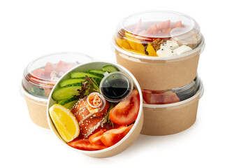 Tasty take out poke bowls isolated on white background