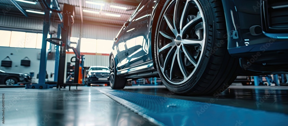 Poster Alignment of car wheels in a car service. with copy space image. Place for adding text or design