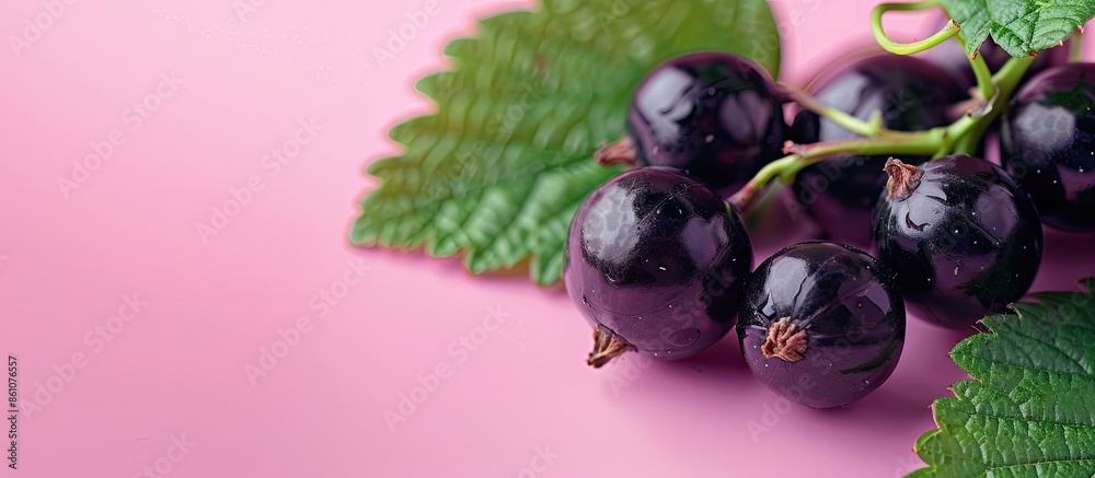 Poster black currant Isolated on pastel background closeup. with copy space image. Place for adding text or design