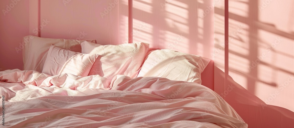 Poster Bed in pink bed linen in room. with copy space image. Place for adding text or design
