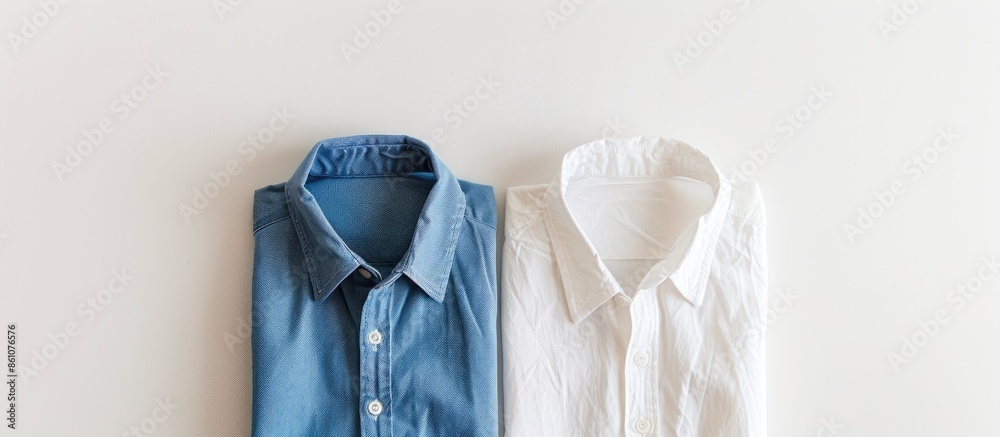 Aufkleber stylish shirt before and after dry-cleaning on white background. copy space image. place for adding 