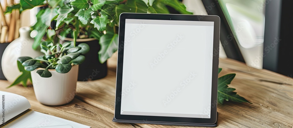 Poster Mock up computer tablet with white display, houseplant and notebook on wooden desk. with copy space image. Place for adding text or design