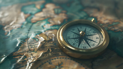 Old compass on vintage map Adventure stories background Retro style : Generative AI