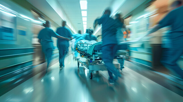Medical team rushing patient on gurney through hospital corridor to operating theater with motion blur effect. Concept Emergency Response, Hospital Life, Medical Procedures, Critical