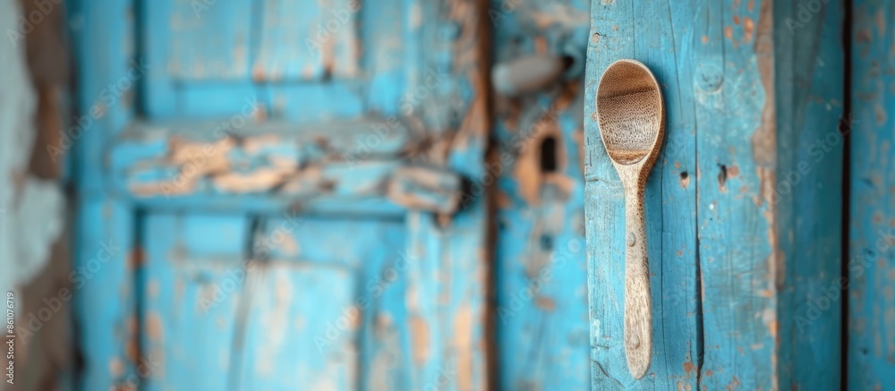 Poster blurred background of home with blue doors and spoons of wood . with copy space image. place for add