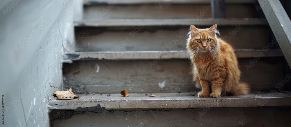 Poster cat on the stairs. with copy space image. Place for adding text or design