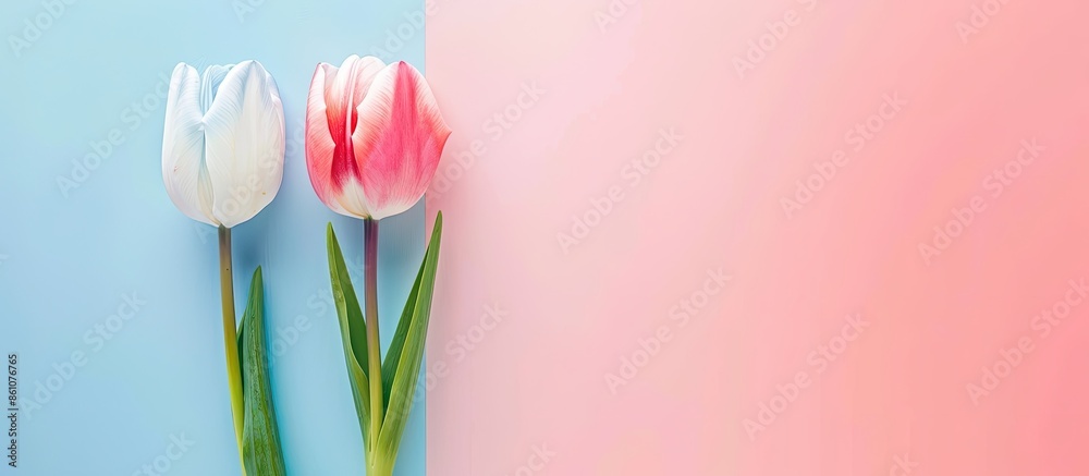 Aufkleber Two beautiful tulips isolated on a pastel background. with copy space image. Place for adding text or design