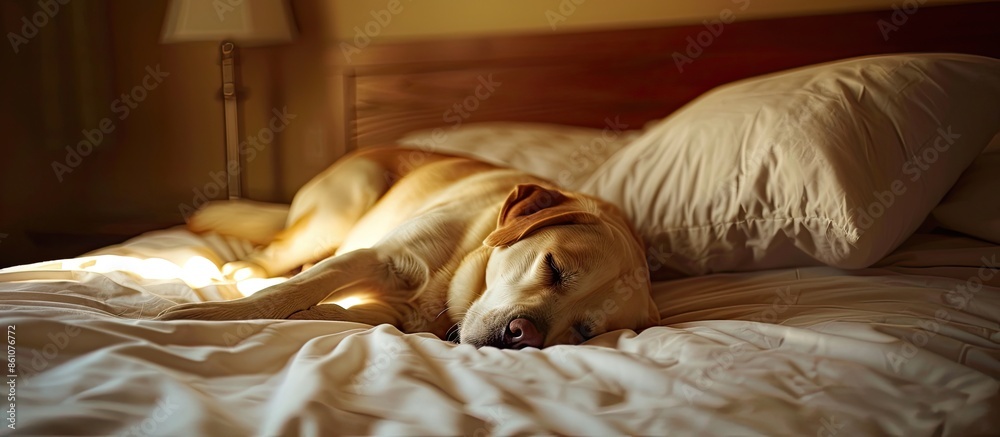 Aufkleber dog sleeping on bed . with copy space image. place for adding text or design