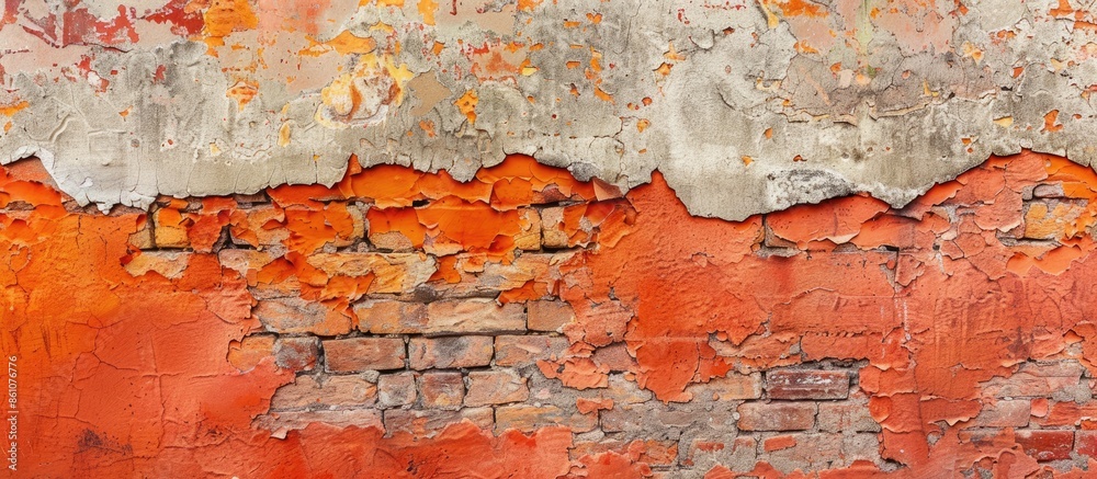 Poster background of red brick wall with peeling plaster. red old brick texture, surface. with copy space i