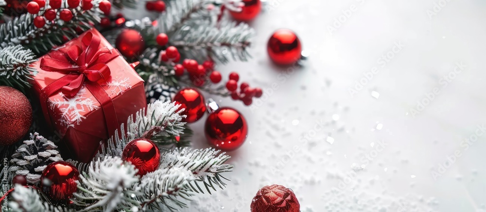 Aufkleber christmas tree background. red toys on christmas tree and gifts. happy new year. with copy space ima