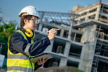 Asian male site engineer or building worker man with green reflective vest, safety helmet, goggles...