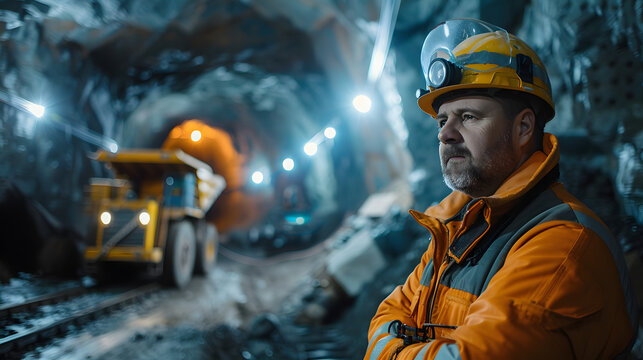 Miner operating hightech equipment in hardrock mine with advanced technologies. Concept Hardrock Mining, Advanced Technology, Miner Operations, High-Tech Equipment, Underground Envir