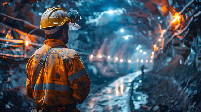 Miner operating hightech equipment in hardrock mine with advanced technologies. Concept Hardrock Mining, Advanced Technology, Miner Operations, High-Tech Equipment, Underground Envir
