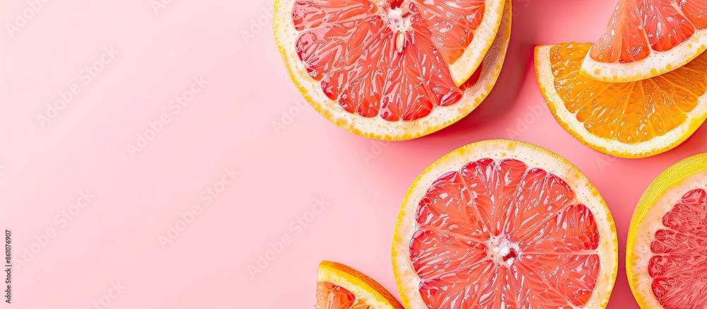 Aufkleber slices of juicy grapefruit on pastel background food. with copy space image. place for adding text o