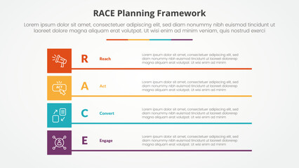 RACE framework infographic concept for slide presentation with boxed creative rectangle stack with 4 point list with flat style