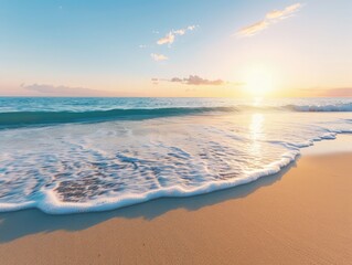 Obraz premium Serene Sunset Beach Scene with Gently Crashing Waves