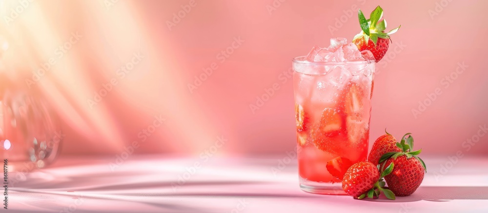 Aufkleber tasty refreshing drink with strawberries on pastel background. with copy space image. place for addi