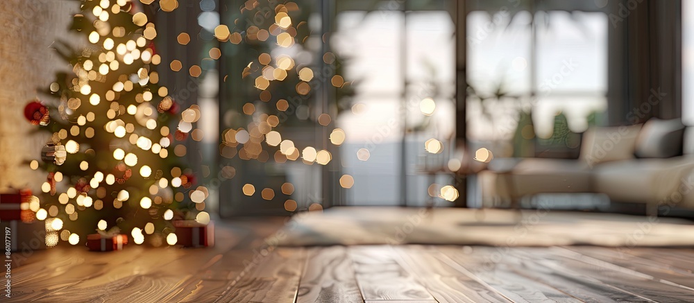 Poster defocused background living room with christmas tree. with copy space image. place for adding text o