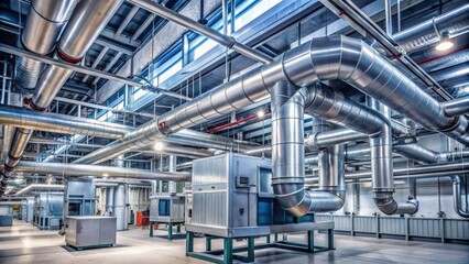 Industrial HVAC system with exposed ductwork, vents, and machinery, illustrating heating, ventilating, and air conditioning infrastructure in a modern commercial building.