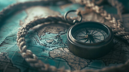 old compass and rope on vintage map : Generative AI