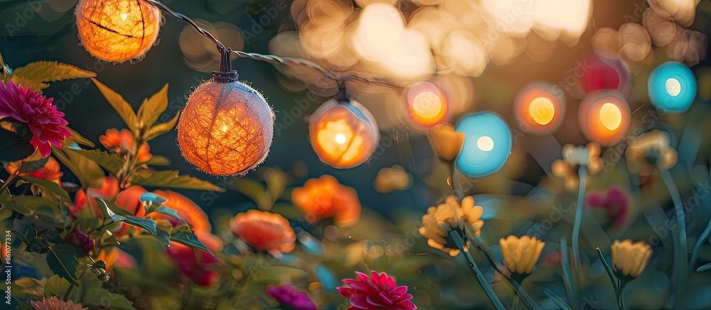 Aufkleber Bright colorful cotton light balls string in flowering spring garden as decoration. with copy space image. Place for adding text or design