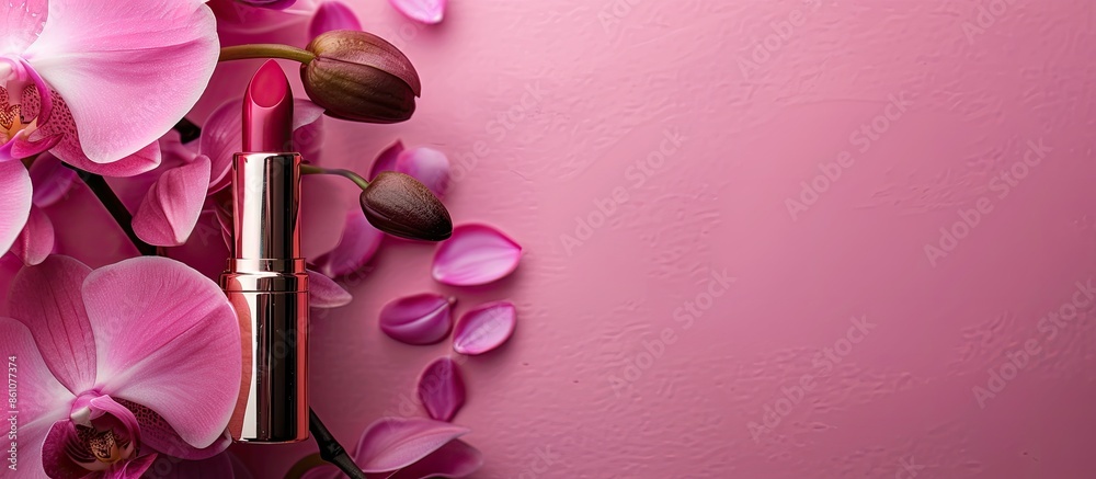 Poster orchid flower and lipstick pastel background flower. with copy space image. place for adding text or
