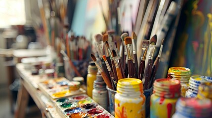 Obraz premium An artist's workspace filled with paintbrushes, colorful paint bottles, and a palette, capturing the creative and vibrant atmosphere of an art studio.