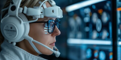 A person using a brain-computer interface for creative digital art and music composition. Close-up of person wearing advanced gaming headset with red LED display. Blurred background shows colorful lig