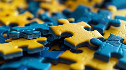 Close-up of Blue and Yellow Puzzle Pieces Stacked Together
