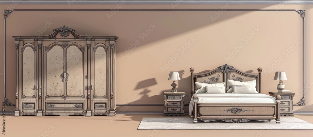 Poster furniture for a bedroom in classical style. bed, wardrobe, bedside table. with copy space image. pla