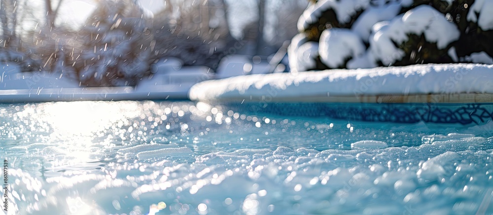 Poster Pool with ice and slush after snow storm. Inground pool with pool cover and ice layer in backyard with deep snow. Winterizing pool for cold, freezing or sub zero temperature. Selective focus.
