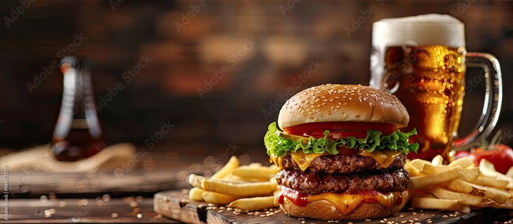 Poster beer and burgers on wooden table. copy space image. place for adding text or design