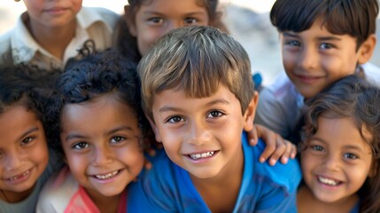 Obraz premium A group of happy children with bright smiles huddle closely together, exuding joy and friendship.