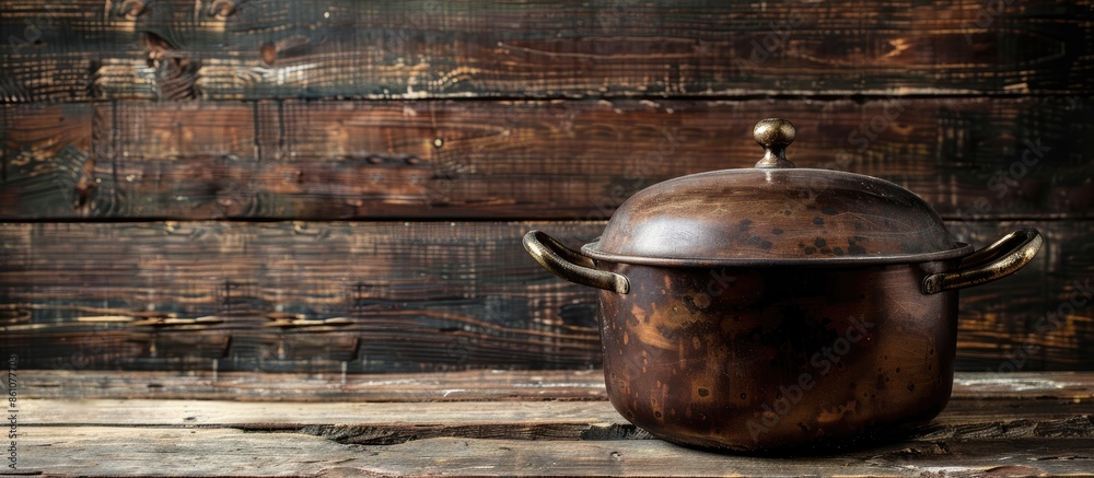 Aufkleber cooking pot on old wooden table. copy space image. place for adding text or design