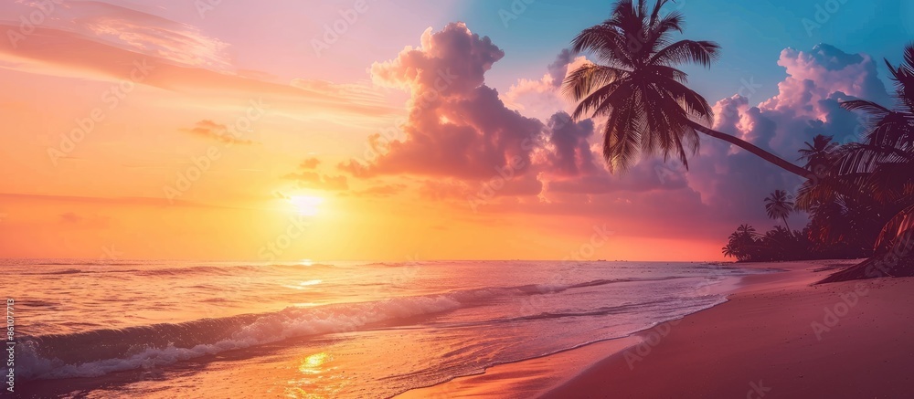 Aufkleber Evenings on the beach with dark colored coconut trees will relax the orange summer sky. Copy space image. Place for adding text or design