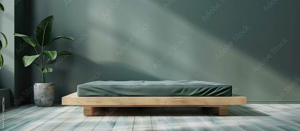 Poster green comfortable mattress on a wooden frame. with copy space image. place for adding text or design