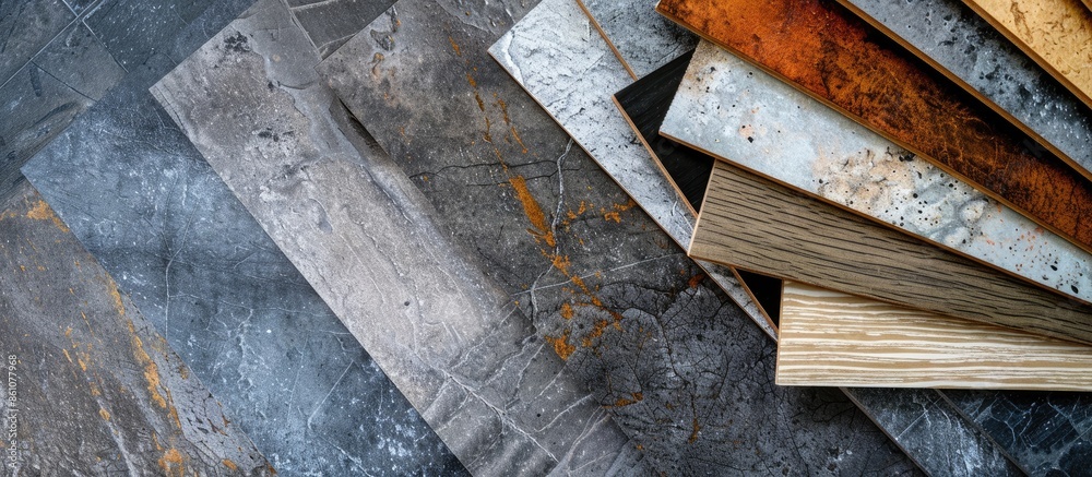 Poster Example of a catalog of luxury vinyl floor tiles and a designer palette with textures with a new interior design for a house or floor