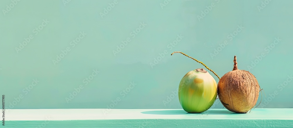 Poster two young coconut isolated on pastel background food. with copy space image. place for adding text o