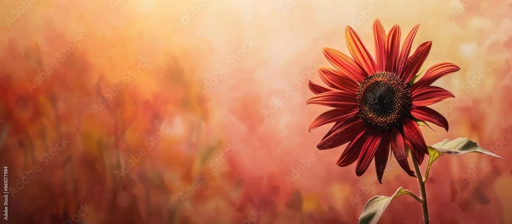Wall mural Beautiful and fresh blooming little red sunflower (Helianthus) isolated on pastel background space background. with copy space image. Place for adding text or design - Wall murals