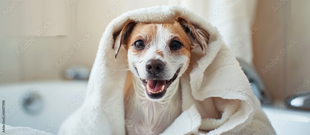 Poster happy little dog in the bathroom after a bath wrapped in a towel. with copy space image. place for a