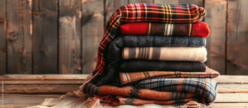Poster Stack of woolen checked blankets, autumn and winter concept, banner size. with copy space image. Place for adding text or design