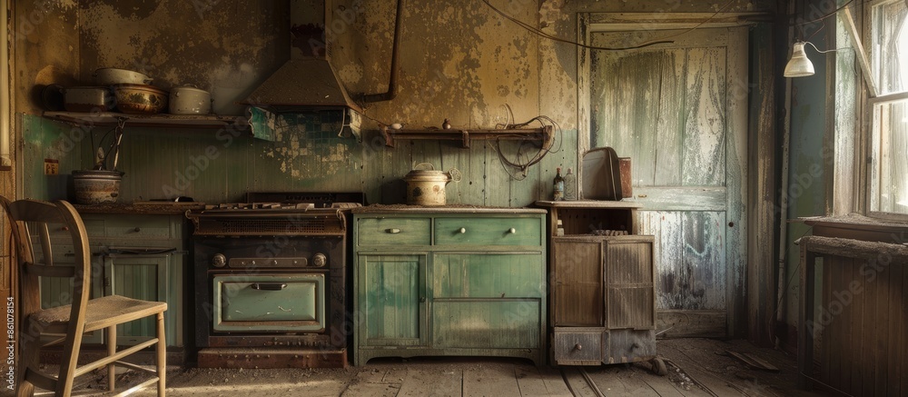 Poster old kitchen at a farm. with copy space image. place for adding text or design