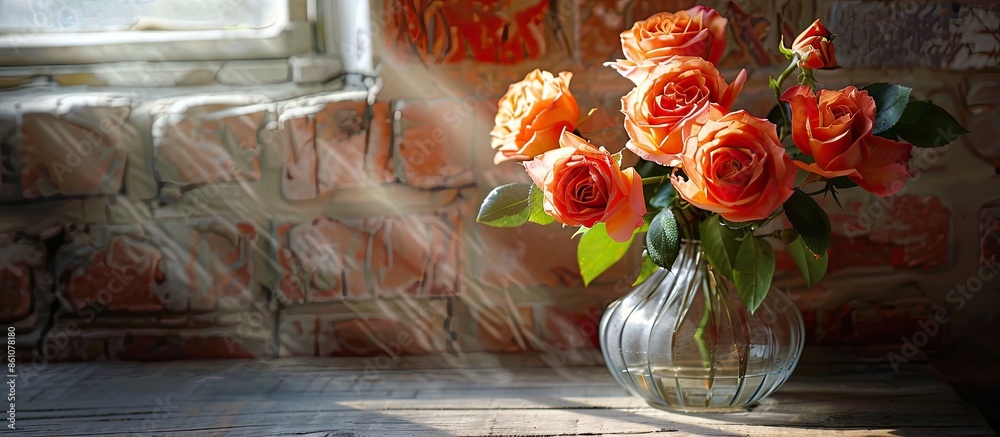 Aufkleber jug with beautiful orange roses on table against brick wall. with copy space image. place for adding