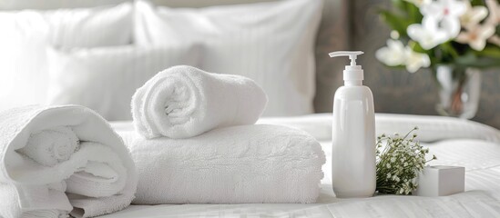 Hotel towel with shampoo and soap bottle set on white bed. with copy space image. Place for adding text or design