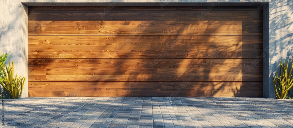 Poster Automatic lifting gate with wood texture in the garage. with copy space image. Place for adding text or design