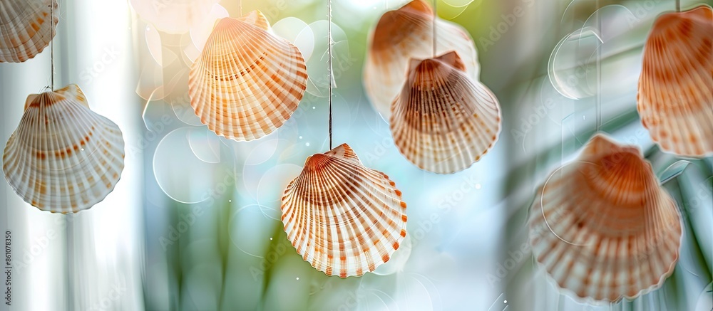 Fototapete Beautiful seashell mobile hanging in the  building for decorated. with copy space image. Place for adding text or design