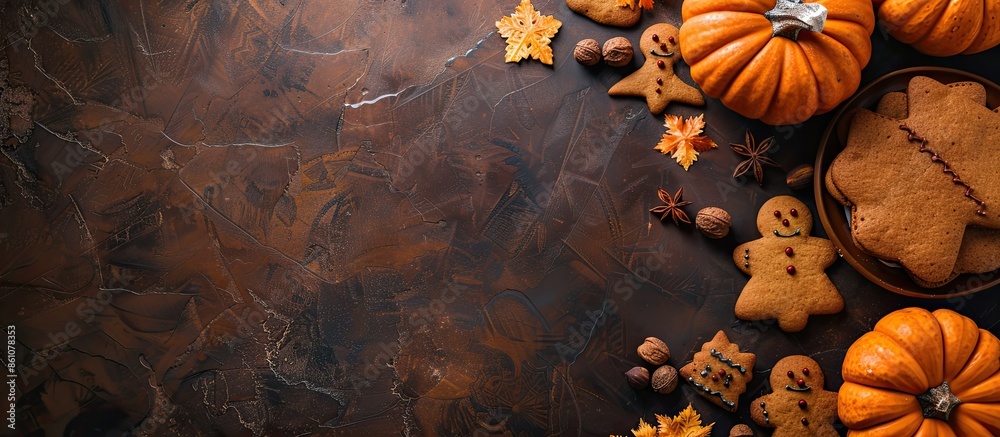 Aufkleber Beautiful gingerbread for Halloween and fresh pumpkin on the table. horizontal view from above. Copy space image. Place for adding text or design
