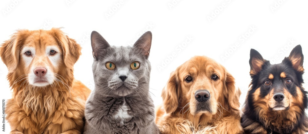 Poster british shorthair cats and golden retriever. copy space image. place for adding text or design