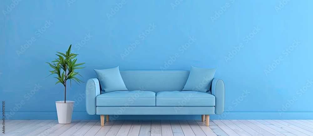 Poster simple living room interior with blue sofa. with copy space image. place for adding text or design
